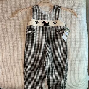 Strasburg Black and White Gingham Scottie Dog Kids Overalls NWT sz 12m
